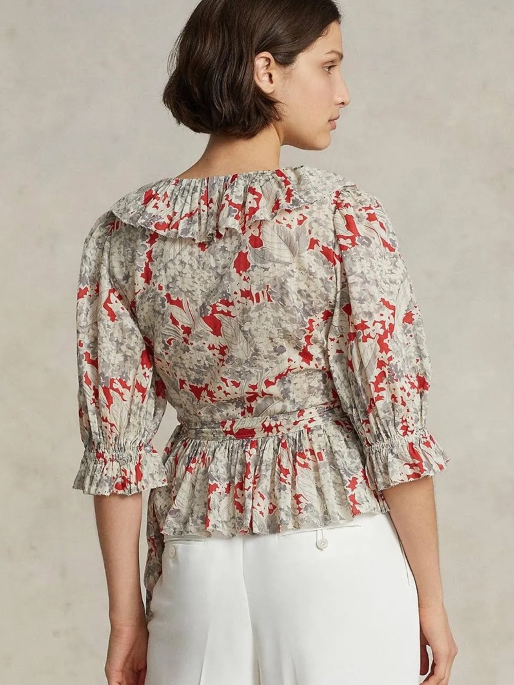 POLO RALPH LAUREN Evee Ruffled Floral Cotton Voile Wrap Top Red Gray Size S - Picture 3 of 14